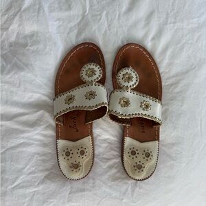 Jack Rogers White and Brown Sandals with Medallion Embellishments